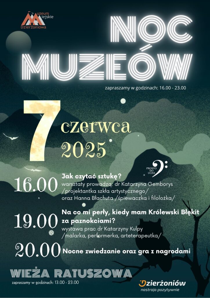 plakat informujący o atrakcjach podczas Nocy Muzeów w Dzierżoniowie, 7 czerwca 2025 r.
